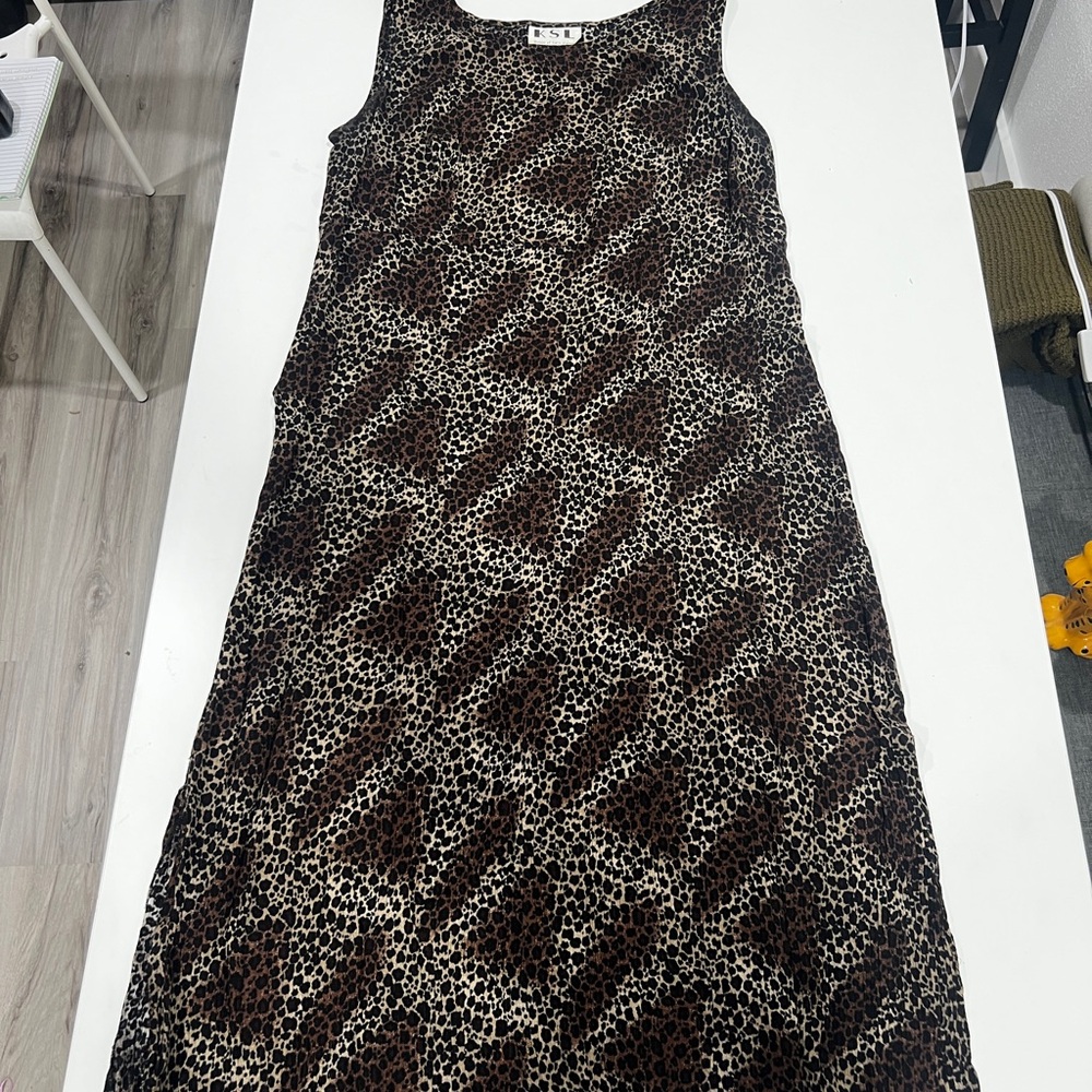 Sleeveless Leopard Print Midi Dress - Brown/Cream